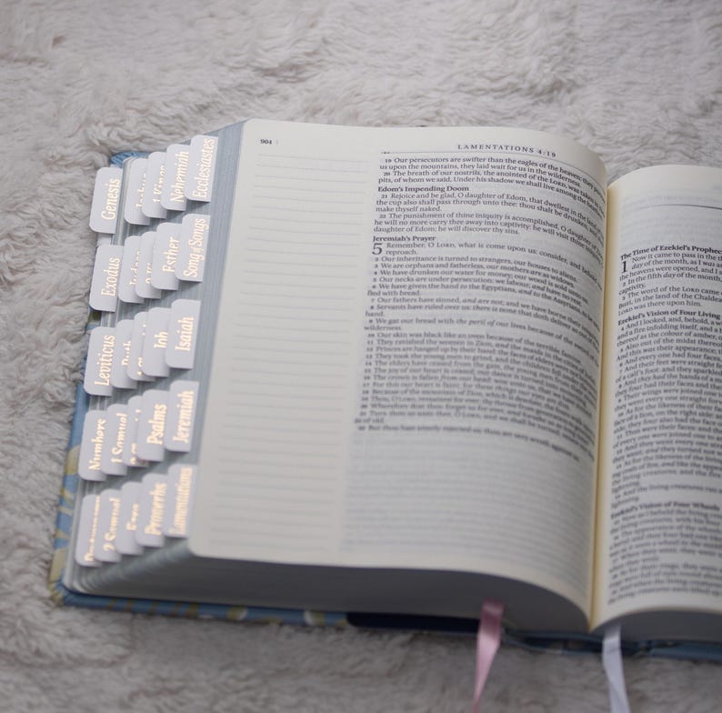 K&ouml;nnte beinhalten: Ge&ouml;ffnete Bibel mit beschrifteten Registern. Die wei&szlig;en Registerkarten tragen goldfarbene Schriftz&uuml;ge mit den Namen der Bibelb&uuml;cher. Die Seiten sind zum Buch der Klagelieder aufgeschlagen. Der Einband ist blau mit einem floralen Muster.