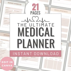 May include: A digital medical planner with 21 pages, featuring sections for insurance information, emergency contacts, and medical appointments. The title "THE ULTIMATE MEDICAL PLANNER" is prominently displayed, with "INSTANT DOWNLOAD" below. The design includes a heart rate graphic.