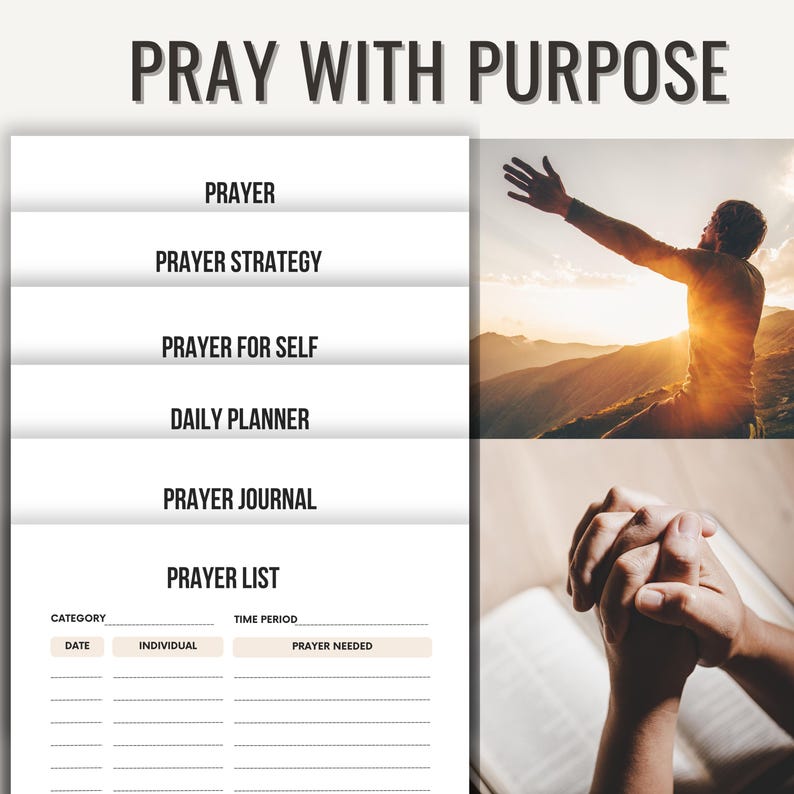 May include: A planner with the text "PRAY WITH PURPOSE" at the top. The planner includes sections for prayer, prayer strategy, and a daily planner. Images of a person praying and a mountain landscape are also included.