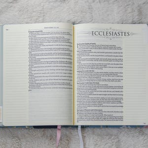 K&ouml;nnte beinhalten: Ge&ouml;ffnete Bibel mit beschrifteten Registerkarten. Das Buch ist zum Buch Kohelet aufgeschlagen. Die Seiten sind cremefarben mit schwarzem Text. Der Einband ist blau mit floralem Muster. Registerkarten sind mit Buchnamen beschriftet.