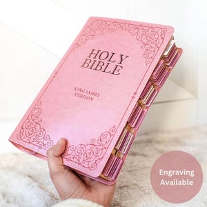 Pink Bible with Tabs for Women Christian Bible Faux Leather Bible Tabs Personalized Engraved Bible KJV with Large Font Bible Gift for Women