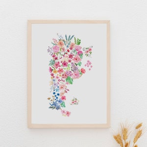 Mapa ilustrado de Argentina - Flores acuarela - Arte de pared - Argentina mapa arte impresión decoración- Imprimir - Para descargar - soyunmix