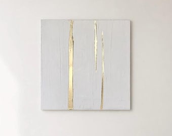 Originale abstrakte Malerei auf Leinwand in weiß, Gold #G21 | Moderne minimalistische Wandkunst | Strukturierte Acrylmalerei | 60x60 cm
