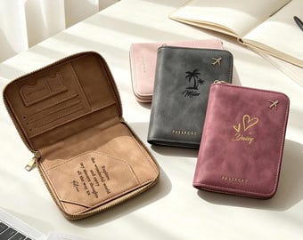 Portapasaportes de cuero personalizado, cartera de viaje RFID, estuche para pasaporte grabado a medida con nombre y logotipo.