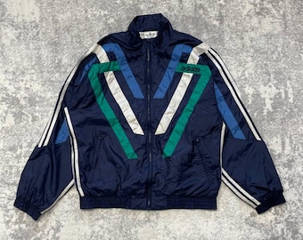 Adidas Vintage 80s Mens Track Jacket Navy Blue White Green Stripes Size M
