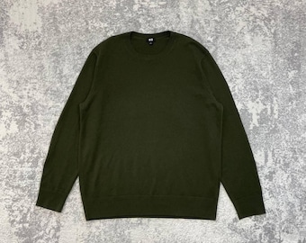 Maglione girocollo da uomo UNIQLO 100% cashmere, verde oliva, lavorato a maglia
