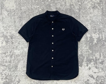 Fred Perry Mens Revere Collar Navy Blue Bowling Shirt Size Large