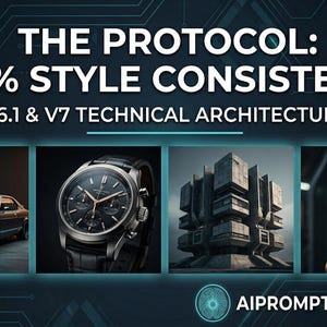 May include: A promotional graphic with the text "THE PROTOCOL: 100% STYLE CONSISTENCY" and "V6.1 & V7 TECHNICAL ARCHITECTURE." It features images of a car, a watch, a building, and a woman. The logo "AIPROMPTLOGICLAYER" is at the bottom.