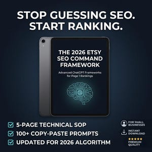 May include: A digital tablet displays the text "THE 2026 ETSY SEO COMMAND FRAMEWORK" with a glowing brain graphic. The image promotes advanced ChatGPT frameworks for page 1 rankings, including a 5-page technical SOP and 100+ copy-paste prompts.