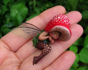 Tiny Sleeping Woodland Mushroom Fairy by Celia Anne Harris OOAK - Made to Order
