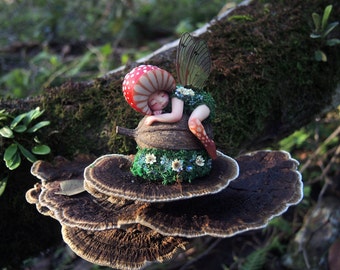 Tiny Sleeping Gumnut Woodland Mushroom Fairy by Celia Anne Harris OOAK - Made to Order