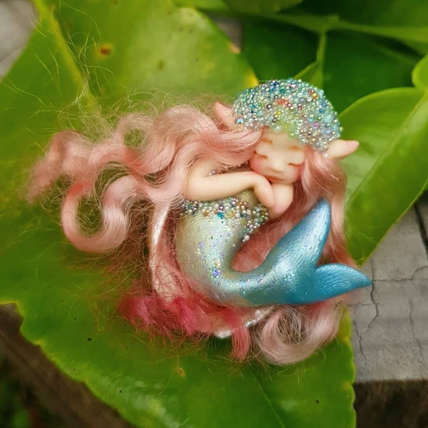 Ready to Ship Cute & Tiny Mermaid Fairy in Shell by Celia Anne Harris OOAK Free shipping