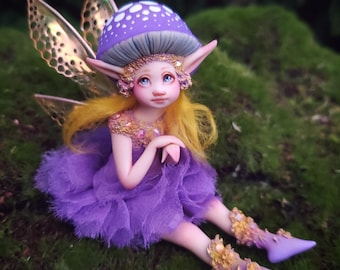 発送準備完了、セリア・アン・ハリス作の小さなラベンダー色のキノコの妖精（一点物）