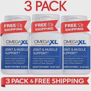 May include: Three white supplement bottles with blue labels and red accents. The labels read "OMEGA XL Joint & Muscle Support" and "Green-lipped mussel oil extract." The image also displays the text "3 PACK".