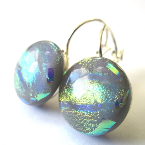 Handmade dichroic glass earrings, Gray with green, blue, pink, purple & yellow inside. Spectacular