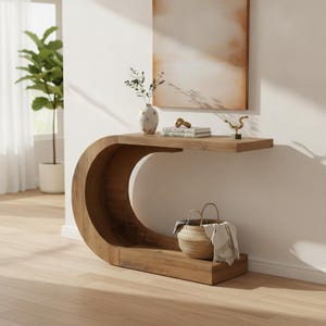May include: A C-shaped wooden console table with a smooth finish. The top surface holds a white vase with greenery, a stack of books, and a small gold sculpture. A woven basket with a white cloth sits on the lower base of the curved structure.