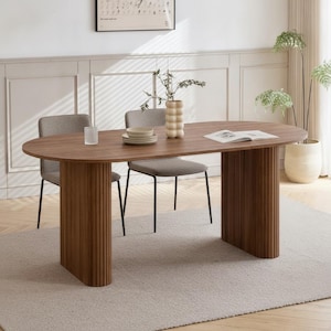 Mesa de comedor ovalada de madera, diseño minimalista, veta de madera natural, muebles contemporáneos para el hogar y la oficina.