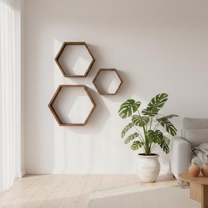 Peut inclure: Trois étagères murales hexagonales marron de différentes tailles sont montées sur un mur blanc. Une grande plante en pot avec des feuilles vertes se trouve à droite des étagères. Un tapis de couleur claire et une table en bois sont au premier plan.