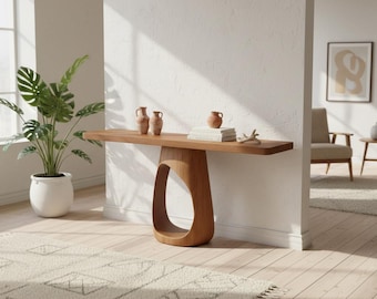 Mesa consola de madera maciza: escritorio de pasillo moderno y minimalista de estilo Japandi, base escultural para la decoración del hogar.