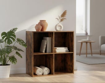 Estantería cúbica rústica de madera: Armario organizador de estilo granja moderno con 4 compartimentos.