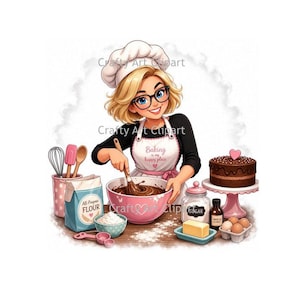 Könnte beinhalten: Eine blonde Bäckerin mit weißer Kochmütze und schwarzem Langarmshirt trägt eine rosa Schürze mit der Aufschrift Baking is my happy place. Sie rührt Schokoladenteig in einer rosa Schüssel, umgeben von Mehl, einem Schneebesen, Kuchen und Eiern.