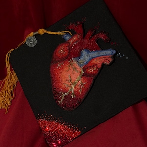 May include: A black graduation cap featuring an embroidered anatomical heart in shades of red and blue, accented with metallic gold thread and beads. A gold tassel with a circular metal charm is attached to the corner, and red crystals decorate one edge.