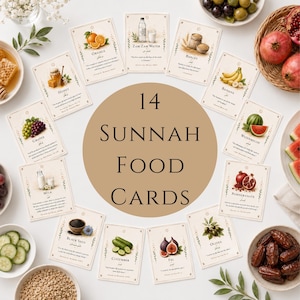 Peut inclure: Un ensemble de 14 cartes alimentaires Sunnah, présentant des illustrations de divers aliments tels que des raisins, des oranges et des bananes. Les cartes sont disposées autour d'un cercle central avec le texte "14 Sunnah Food Cards".