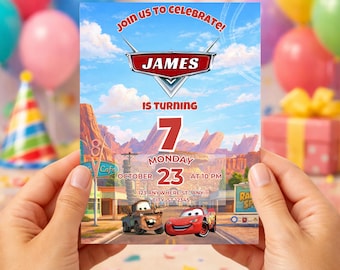 Plantilla de invitación de cumpleaños de Disney Cars en Canva / Invitación editable de Rayo McQueen / Invitación para fiesta de coches de carreras / Cumpleaños de Pixar (Descargable)