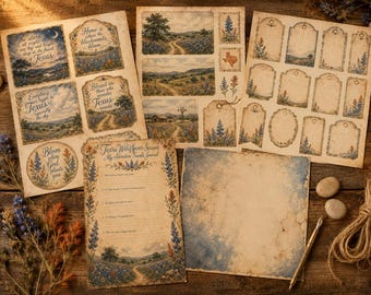 Texas Wildflower Junk Journal Kit | Bluebonnet Ephemera Tags Pockets (Adventure Travels)