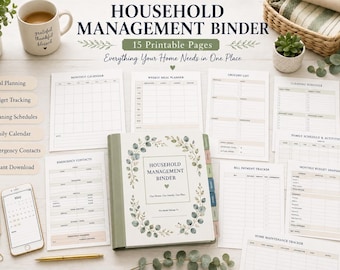 Household Management Binder — 15 Printable Pages — Meal Planner Cleaning Schedule Budget — Digital Download
