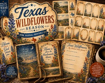 Texas Wildflower Junk Journal Kit | Bluebonnet Ephemera Tags Pockets (Adventure Travels)