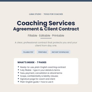 Modello di contratto di coaching / Contratto di servizi di coaching e contratto con il cliente compilabile in PDF / Contratto di coaching per life coach e business coach
