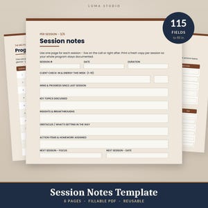 Plantilla para notas de sesiones de coaching / Registro de progreso del cliente y de sesiones rellenable / PDF imprimible para coaches