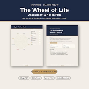 May include: A digital coaching toolkit titled The Wheel of Life Assessment & Action Plan. The document features a circular rating chart with eight life categories, instructional text, and a layout for tracking scores. It is a fillable and printable PDF.