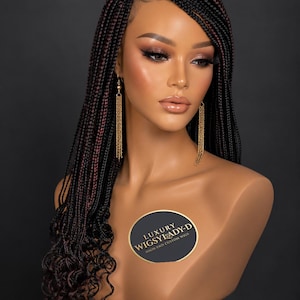 Handmade Box Braided Wig: Mix black burgundy, 26-28Inch Full Lace Wig