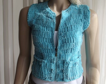 Softy ADULTS 1, Hand Knitted Vest, Sleeveless Sweater, Zippered Blouse, Hand Knitted Pockets, Round Neck, Geometric Texture, Gift for Her