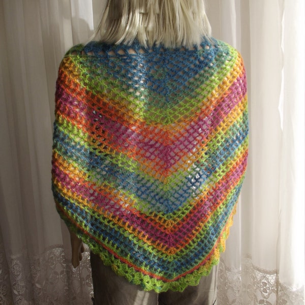 RAINBOW Mesh Shawl, Lacy Crochet Scarf, Cozy Fine Soft, Thin Wooly Wrap, Variegated Cover Up, Beautiful Bordering, Lightweight, Gift for Her