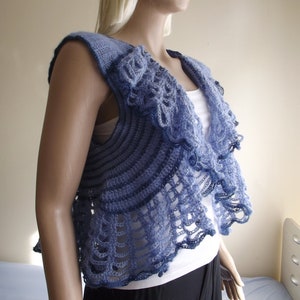Sunflower, Ruffled Bolero, Shawl Neck Shrug, Lacy Shrug, Crochet SHRUG, Sleeveless Sweater, Layered Neck Vest, Flowy Edging, Crochet Sweater