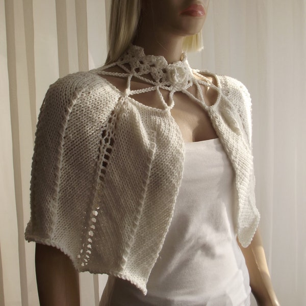 Clamshell Capelet, Hand Knit Shawl, WEDDING Wrap, Bridal Cover Up, Stand Up Collar, Crochet Button, Wavy Hem, Pearl Bead, Butterfly Button