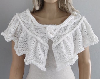 White Dove in Flight, WOOLY Version, Hand Knitted CAPELET, Wedding Shawl, Bridal Cover Up, Cable Knit Scarf, Pearl Beads, Crochet Button