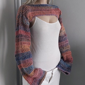 Simplicity Shrug - Open Chest Bolero, Cozy Crop Top, Variegated Color Long Sleeved Sweater, NonWool, Solid Texture, for Sizes XS to 5X, Gift