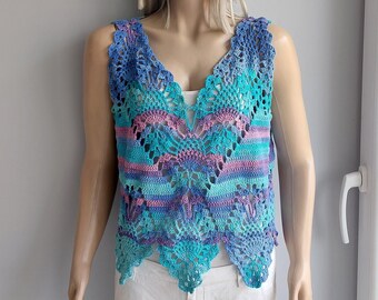 Summer Breeze, Crochet Top, Variegated or Solid, Wavy Hem, Lacy Blouse, Pineapple Top, Sleeveless Sweater, Spring Summer, Gift for Her