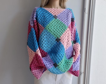 Grandma Diamond, Not Edged, Crochet SWEATER, Multi Color Pullover, Grandma Square Jumper, Multicolore Blouse, Rainbow Patchwork, Soft ACRYLIC