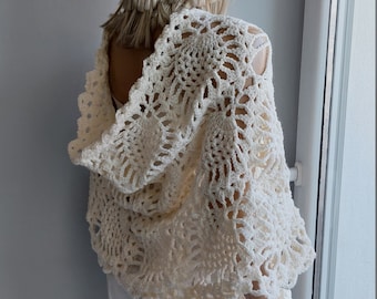 COZY SHAWL, Version 2, Crochet Wedding Wrap, Bridal Scarf, Rectangular Stole, Pineapple Bordering, Bridesmaids, Lacy Stole, Gift for Her