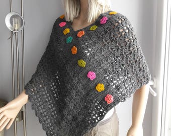 Shawl Scaping Poncho, CROCHET Flower Edges, Lacy Shawl, V Neck, Multicolor, Rainbow, Bordered, Gift for Her, Birthday, Wedding, Mothers Day