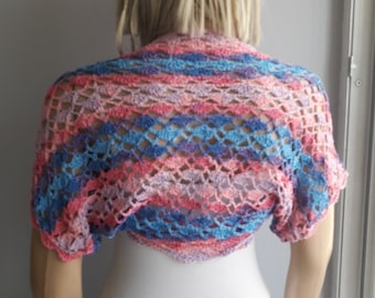 Striped Lacy Shrug, Lacy Crop Top Vest, Crochet Bolero, Short Sleeves Top, Variegated Cardigan, Multi Color, Gift for Her, Spring Summer