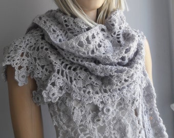 Fairy Tale, Lacy Crochet SHAWL, Wedding Wrap, Bridal Scarf, Leaves and Flowers, Flower Edging, Rectangular Wrap, Soft and Fine, Gift for Her