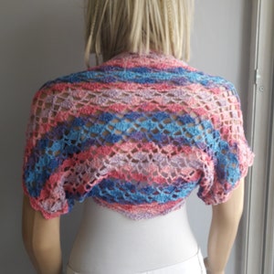 Gestreifter Spitzen Shrug, Spitzen Crop Top Weste, Häkel Bolero, Kurze Ärmel Top, bunte Strickjacke, Multi Color, Geschenk für Sie, Frühlingssommer