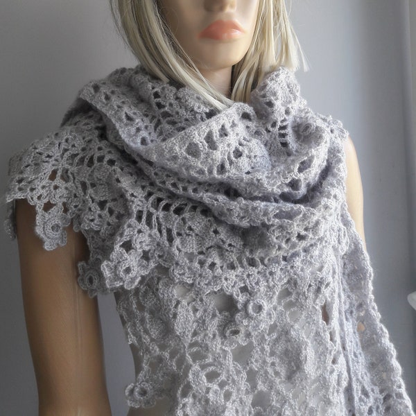 Fairy Tale, Lacy Crochet SHAWL, Wedding Wrap, Bridal Scarf, Leaves and Flowers, Flower Edging, Rectangular Wrap, Soft and Fine, Gift for Her