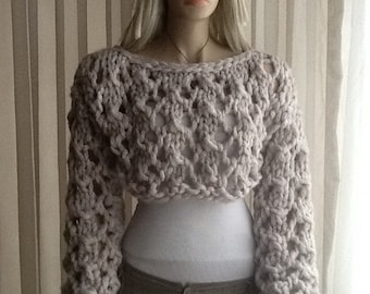 Funny, THICK KNIT Sweater, Thick Lacy Bolero, Lacy Knit Shrug, Hand Knit SHRUG, 12 inches High, Long Sleeved Shrug, Thick Wooly Airy, Gift
